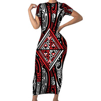 New Zealand Maori Taniko Family Matching Short Sleeve Bodycon Dress and Hawaiian Shirt Red Kowhaiwhai Puhoro