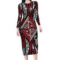 New Zealand Maori Taniko Long Sleeve Bodycon Dress Red Kowhaiwhai Puhoro