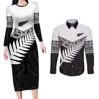 New Zealand Silver Fern Couples Matching Long Sleeve Bodycon Dress and Long Sleeve Button Shirt Maori Koru Mixed Taniko Pattern
