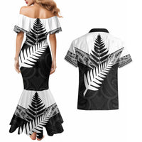 New Zealand Silver Fern Couples Matching Mermaid Dress and Hawaiian Shirt Maori Koru Mixed Taniko Pattern