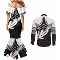 New Zealand Silver Fern Couples Matching Mermaid Dress and Long Sleeve Button Shirt Maori Koru Mixed Taniko Pattern