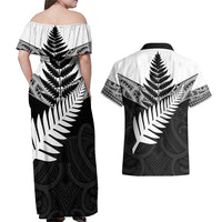 New Zealand Silver Fern Couples Matching Off Shoulder Maxi Dress and Hawaiian Shirt Maori Koru Mixed Taniko Pattern