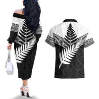 New Zealand Silver Fern Couples Matching Off The Shoulder Long Sleeve Dress and Hawaiian Shirt Maori Koru Mixed Taniko Pattern
