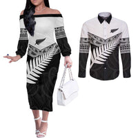 New Zealand Silver Fern Couples Matching Off The Shoulder Long Sleeve Dress and Long Sleeve Button Shirt Maori Koru Mixed Taniko Pattern