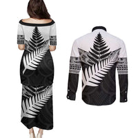 New Zealand Silver Fern Couples Matching Puletasi and Long Sleeve Button Shirt Maori Koru Mixed Taniko Pattern