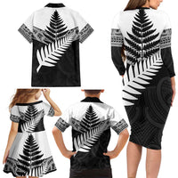 New Zealand Silver Fern Family Matching Long Sleeve Bodycon Dress and Hawaiian Shirt Maori Koru Mixed Taniko Pattern