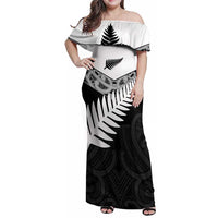 New Zealand Silver Fern Family Matching Off Shoulder Maxi Dress and Hawaiian Shirt Maori Koru Mixed Taniko Pattern