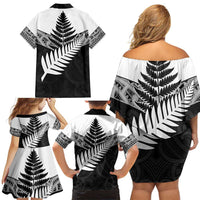 New Zealand Silver Fern Family Matching Off Shoulder Short Dress and Hawaiian Shirt Maori Koru Mixed Taniko Pattern