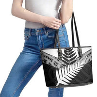 New Zealand Silver Fern Leather Tote Bag Maori Koru Mixed Taniko Pattern