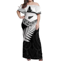 New Zealand Silver Fern Off Shoulder Maxi Dress Maori Koru Mixed Taniko Pattern