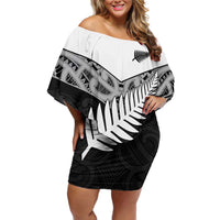 New Zealand Silver Fern Off Shoulder Short Dress Maori Koru Mixed Taniko Pattern