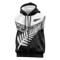 New Zealand Silver Fern Sleeveless Zip Hoodie Maori Koru Mixed Taniko Pattern LT9 White - Polynesian Pride