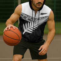 New Zealand Silver Fern Sleeveless Zip Hoodie Maori Koru Mixed Taniko Pattern LT9 - Polynesian Pride