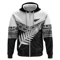 New Zealand Silver Fern Zip Hoodie Maori Koru Mixed Taniko Pattern