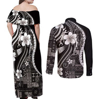 Samoa Siapo Tribal Pattern Couples Matching Off Shoulder Maxi Dress and Long Sleeve Button Shirt Black Polynesian Plumeria Tapa Motif LT9 - Polynesian Pride