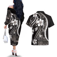 Samoa Siapo Tribal Pattern Couples Matching Off The Shoulder Long Sleeve Dress and Hawaiian Shirt Black Polynesian Plumeria Tapa Motif