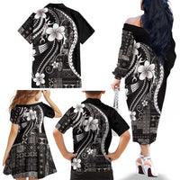 Samoa Siapo Tribal Pattern Family Matching Off The Shoulder Long Sleeve Dress and Hawaiian Shirt Black Polynesian Plumeria Tapa Motif