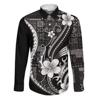 Samoa Siapo Tribal Pattern Family Matching Off The Shoulder Long Sleeve Dress and Hawaiian Shirt Black Polynesian Plumeria Tapa Motif