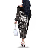 Samoa Siapo Tribal Pattern Family Matching Off The Shoulder Long Sleeve Dress and Hawaiian Shirt Black Polynesian Plumeria Tapa Motif
