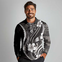 Samoa Siapo Tribal Pattern Long Sleeve Polo Shirt Black Polynesian Plumeria Tapa Motif LT9 - Polynesian Pride