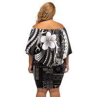 Samoa Siapo Tribal Pattern Off Shoulder Short Dress Black Polynesian Plumeria Tapa Motif LT9 - Polynesian Pride