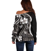 Samoa Siapo Tribal Pattern Off Shoulder Sweater Black Polynesian Plumeria Tapa Motif LT9 - Polynesian Pride