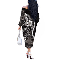 Samoa Siapo Tribal Pattern Off The Shoulder Long Sleeve Dress Black Polynesian Plumeria Tapa Motif LT9 - Polynesian Pride