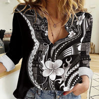 Samoa Siapo Tribal Pattern Women Casual Shirt Black Polynesian Plumeria Tapa Motif LT9 Female Black - Polynesian Pride