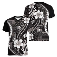 Samoa Siapo Tribal Pattern Women V-Neck T-Shirt Black Polynesian Plumeria Tapa Motif LT9 - Polynesian Pride