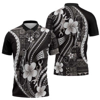 Samoa Siapo Tribal Pattern Zipper Polo Shirt Black Polynesian Plumeria Tapa Motif LT9 - Polynesian Pride