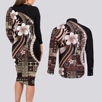 Samoa Siapo Tribal Pattern Couples Matching Long Sleeve Bodycon Dress and Long Sleeve Button Shirt Brown Polynesian Plumeria Tapa Motif