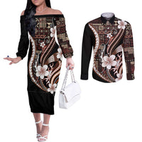Samoa Siapo Tribal Pattern Couples Matching Off The Shoulder Long Sleeve Dress and Long Sleeve Button Shirt Brown Polynesian Plumeria Tapa Motif