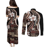 Samoa Siapo Tribal Pattern Couples Matching Puletasi and Long Sleeve Button Shirt Brown Polynesian Plumeria Tapa Motif LT9 - Polynesian Pride