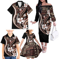 Samoa Siapo Tribal Pattern Family Matching Off The Shoulder Long Sleeve Dress and Hawaiian Shirt Brown Polynesian Plumeria Tapa Motif