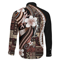 Samoa Siapo Tribal Pattern Family Matching Off The Shoulder Long Sleeve Dress and Hawaiian Shirt Brown Polynesian Plumeria Tapa Motif