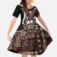 Samoa Siapo Tribal Pattern Kid Short Sleeve Dress Brown Polynesian Plumeria Tapa Motif LT9 KID Brown - Polynesian Pride