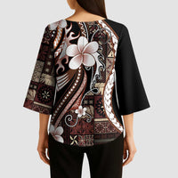 Samoa Siapo Tribal Pattern Kimono Sleeve Blouse Brown Polynesian Plumeria Tapa Motif LT9 - Polynesian Pride