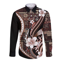 Samoa Siapo Tribal Pattern Long Sleeve Button Shirt Brown Polynesian Plumeria Tapa Motif LT9 Unisex Brown - Polynesian Pride