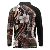 Samoa Siapo Tribal Pattern Long Sleeve Polo Shirt Brown Polynesian Plumeria Tapa Motif LT9 - Polynesian Pride