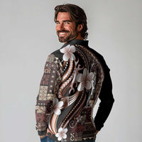 Samoa Siapo Tribal Pattern Long Sleeve Polo Shirt Brown Polynesian Plumeria Tapa Motif LT9 - Polynesian Pride