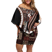 Samoa Siapo Tribal Pattern Off Shoulder Short Dress Brown Polynesian Plumeria Tapa Motif LT9 Women Brown - Polynesian Pride