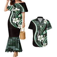 Samoa Siapo Tribal Pattern Couples Matching Mermaid Dress and Hawaiian Shirt Forest Green Polynesian Plumeria Tapa Motif