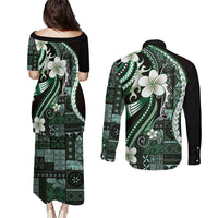 Samoa Siapo Tribal Pattern Couples Matching Puletasi and Long Sleeve Button Shirt Forest Green Polynesian Plumeria Tapa Motif LT9 - Polynesian Pride