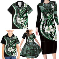Samoa Siapo Tribal Pattern Family Matching Long Sleeve Bodycon Dress and Hawaiian Shirt Forest Green Polynesian Plumeria Tapa Motif