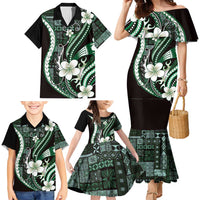 Samoa Siapo Tribal Pattern Family Matching Mermaid Dress and Hawaiian Shirt Forest Green Polynesian Plumeria Tapa Motif