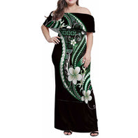 Samoa Siapo Tribal Pattern Family Matching Off Shoulder Maxi Dress and Hawaiian Shirt Forest Green Polynesian Plumeria Tapa Motif