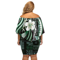 Samoa Siapo Tribal Pattern Family Matching Off Shoulder Short Dress and Hawaiian Shirt Forest Green Polynesian Plumeria Tapa Motif