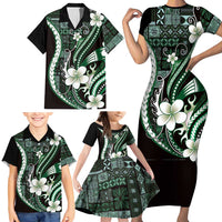 Samoa Siapo Tribal Pattern Family Matching Short Sleeve Bodycon Dress and Hawaiian Shirt Forest Green Polynesian Plumeria Tapa Motif