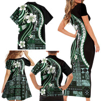 Samoa Siapo Tribal Pattern Family Matching Short Sleeve Bodycon Dress and Hawaiian Shirt Forest Green Polynesian Plumeria Tapa Motif