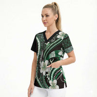 Samoa Siapo Tribal Pattern Scrub Top Forest Green Polynesian Plumeria Tapa Motif LT9 - Polynesian Pride